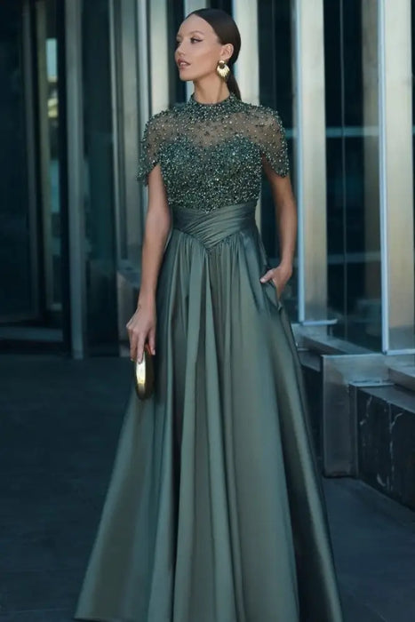 Dark Green Satin Aline Evening Dress with Beadings-Bridelily Dark Green Satin Aline Evening Dress with Beadings-Bridelily