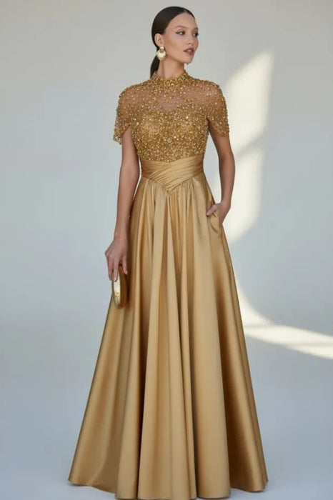 Charming Dark Green Satin Aline Evening Dress Short Sleeves with Beadings - Gold