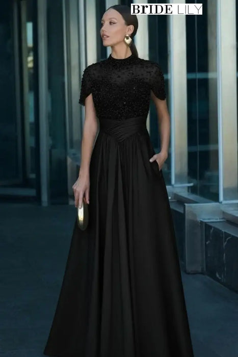 black Satin Aline Evening Dress Short Sleeves with Beading