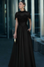 black Satin Aline Evening Dress Short Sleeves with Beading