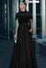 black Satin Aline Evening Dress Short Sleeves with Beading
