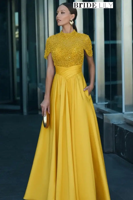 yellowSatin Aline Evening Dress Short Sleeves with Beadings