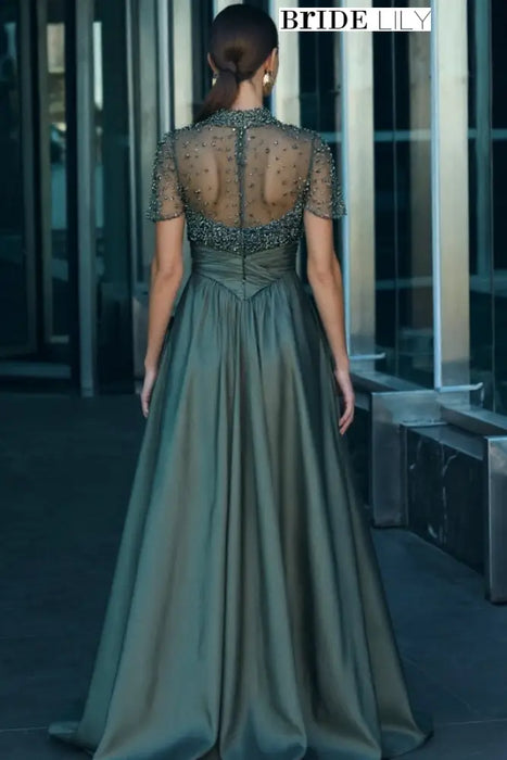 Charming Dark Green Satin Aline Evening Dress Short Sleeves with Beadings