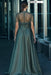 Charming Dark Green Satin Aline Evening Dress Short Sleeves with Beadings