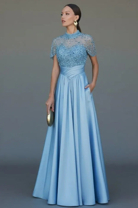 Charming Dark Green Satin Aline Evening Dress Short Sleeves with Beadings - Sky Blue