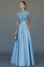 Charming Dark Green Satin Aline Evening Dress Short Sleeves with Beadings - Sky Blue