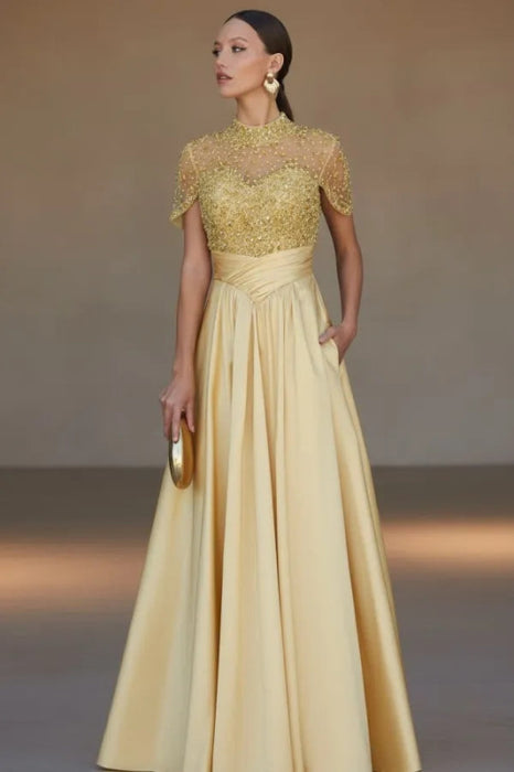 Charming Dark Green Satin Aline Evening Dress Short Sleeves with Beadings - Daffodil