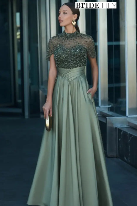 Sage Green Satin Aline Evening Dress Short Sleeves with Beadings