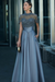 Dusty Blue Satin Aline Evening Dress Short Sleeves and Beadings