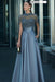 Dusty Blue Satin Aline Evening Dress Short Sleeves and Beadings
