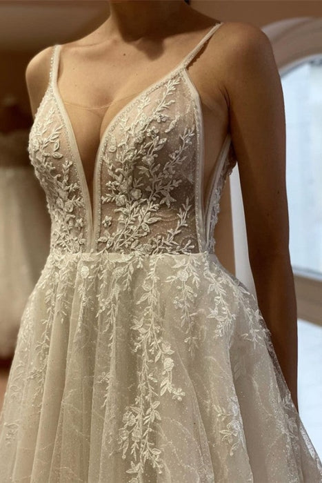 Charming Floor Length Spaghetti Straps Sleeveless A Line Lace Tulle Wedding Dress with Applique - wedding dress