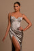 Charming Grey Evening Dress Ball Gown with Slit Pleated Spaghetti Straps