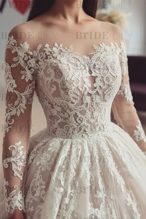 Charming Long Sleeves Lace Tulle Ball Gown Wedding Dress - wedding dress