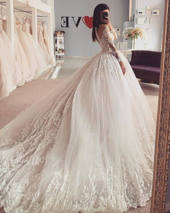 Charming Long Sleeves Lace Tulle Ball Gown Wedding Dress - wedding dress