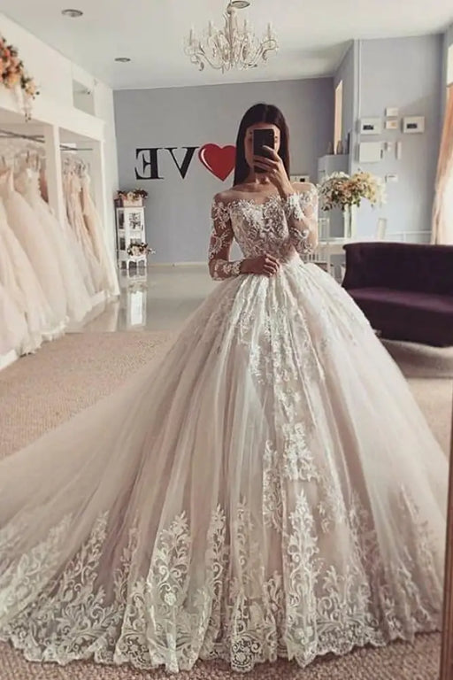 Charming Long Sleeves Lace Tulle Ball Gown Wedding Dress - wedding dress