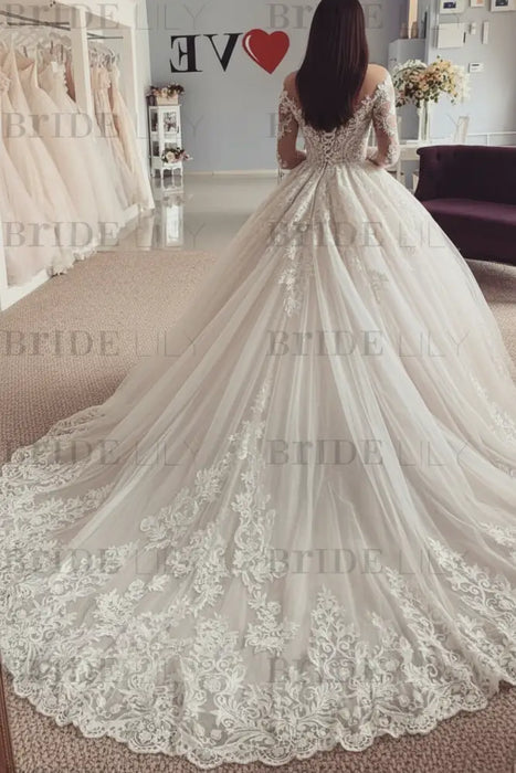 Charming Long Sleeves Lace Tulle Ball Gown Wedding Dress - wedding dress