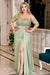 Charming Long Sleeves Sage Ruffle Satin Evening Dress Side Split with Beadings