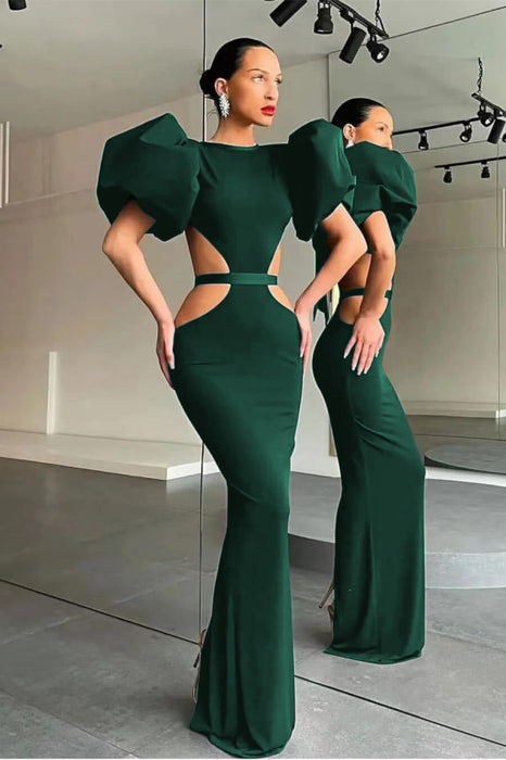 Black Shiny Mermaid Puff Sleeves Evening Dress Online