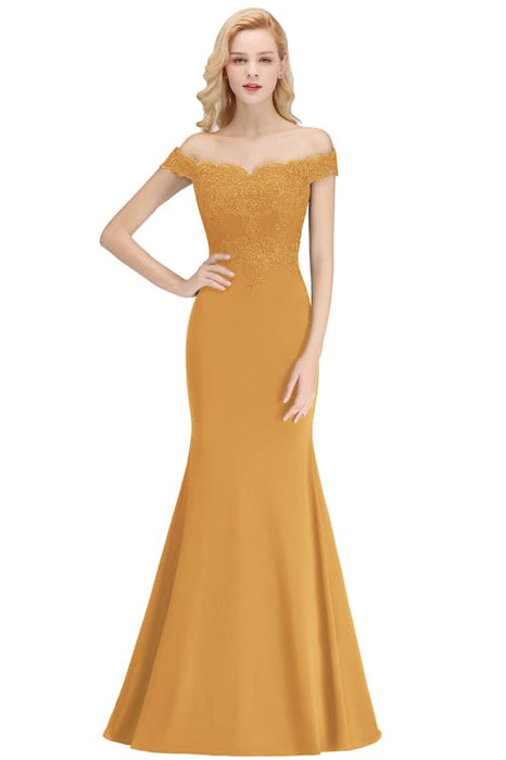Charming Off-the-Shoulder Tulle Lace Appliques Mermaid Evening Gowns - Mustard / US 2 - Prom Dresses