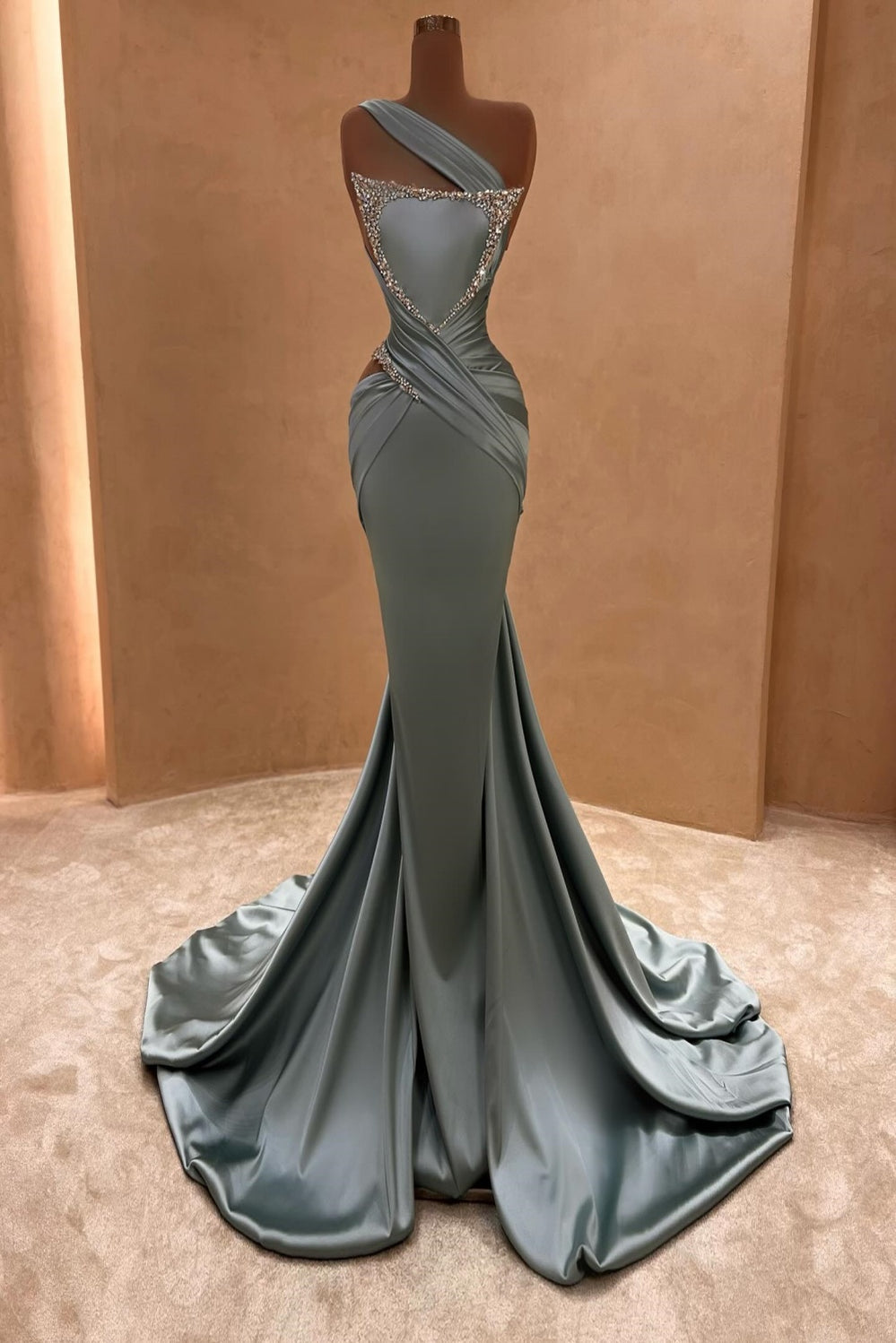 One Shoulder Navy Mermaid Ruched Evening Dresses
