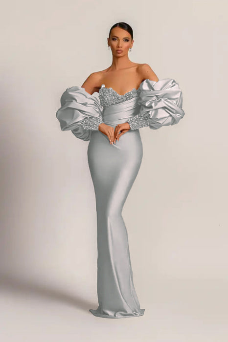 Charming Purple Strapless Mermaid Long Prom Dress With Appliques Puff Sleeves