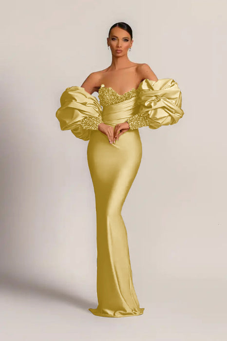 Charming Purple Strapless Mermaid Long Prom Dress With Appliques Puff Sleeves