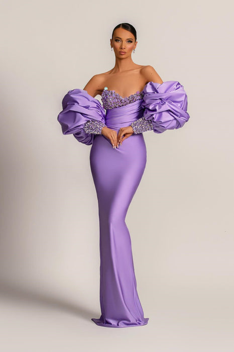 Charming Purple Strapless Mermaid Long Prom Dress With Appliques Puff Sleeves