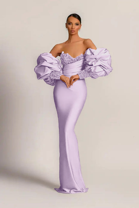 Charming Purple Strapless Mermaid Long Prom Dress With Appliques Puff Sleeves