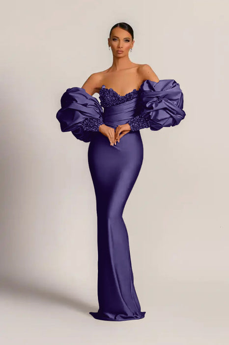 Charming Purple Strapless Mermaid Long Prom Dress With Appliques Puff Sleeves