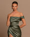 Charming Sage Green Off-The-Shoulder Evening Dress with Ball Gown and Pleated Slit