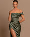 Charming Sage Green Off-The-Shoulder Evening Dress with Ball Gown and Pleated Slit