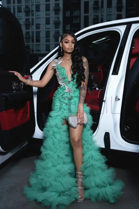Charming Sleeveless Beadings Mint Prom Dress Sequined with High Slit - Prom Dresses