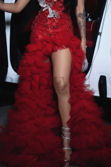 Charming Sleeveless Beadings Red Prom Dress Sequined with High Slit - Prom Dresses