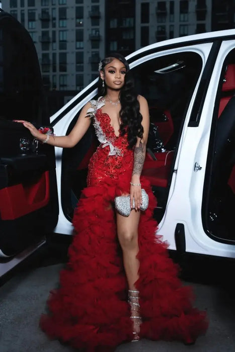 red slit prom dress Red Sequin Prom Dress with Beading & High Slit-Bridelily