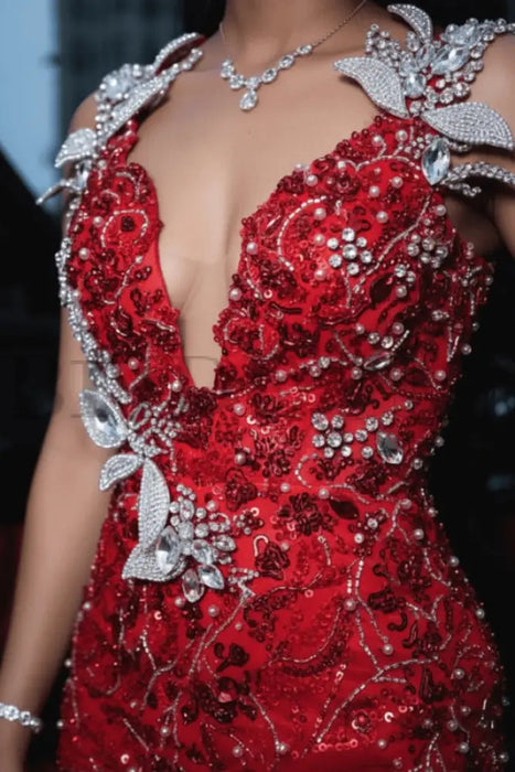 Charming Sleeveless Beadings Red Prom Dress Sequined with High Slit - Prom Dresses