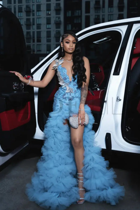 Sky Blue Charming Sleeveless Beadings Red Prom Dress Sequined with High Slit - Prom Dresses