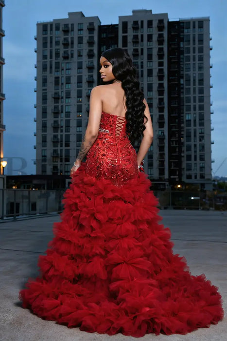 Charming Sleeveless Beadings Red Prom Dress Sequined with High Slit - Prom Dresses
