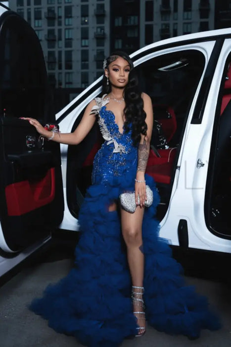 Royal Blue Charming Sleeveless Beadings Red Prom Dress Sequined with High Slit - Prom Dresses