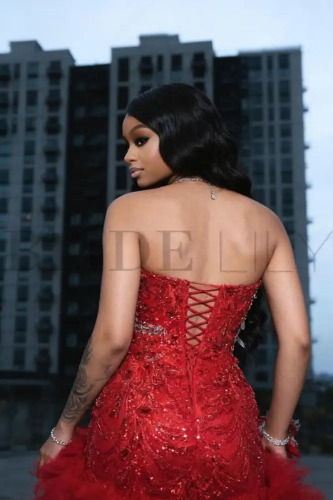 Charming Sleeveless Beadings Red Prom Dress Sequined with High Slit - Prom Dresses