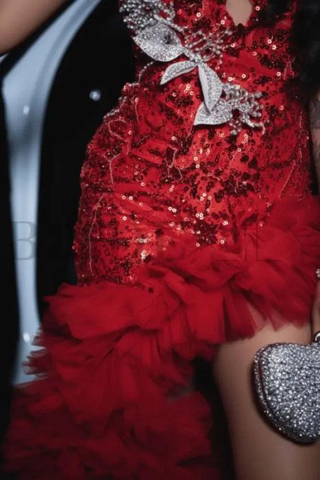 Charming Sleeveless Beadings Red Prom Dress Sequined with High Slit - Prom Dresses