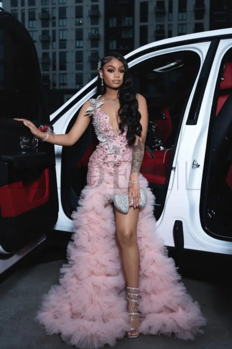 pink and red prom dresses Pink Long Prom Dresses with Tiered Spaghetti Straps Red Evening Gowns,MP531