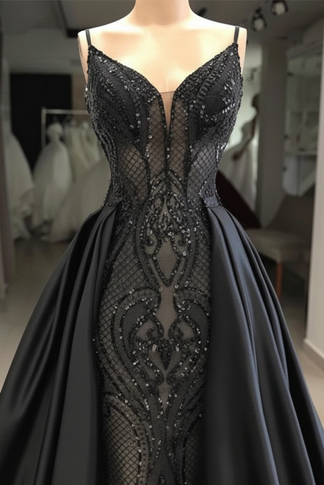 Sleeveless Black Lace Evening Dress Charming Mermaid Sweep Train - Prom Dresses
