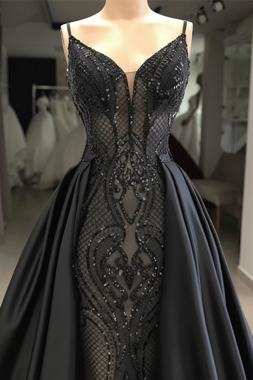 Sleeveless Black Lace Evening Dress Charming Mermaid Sweep Train - Prom Dresses