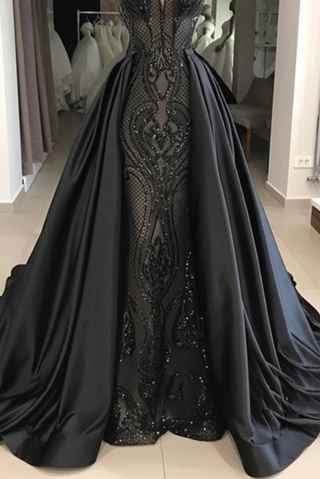 Sleeveless Black Lace Evening Dress Charming Mermaid Sweep Train - Prom Dresses