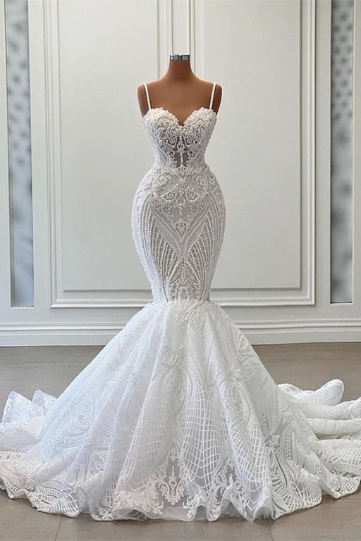 Charming Sleeveless Spaghetti Straps Mermaid Wedding Dress with Ruffles - wedding dress