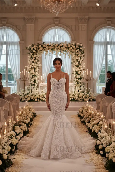 Spaghetti Straps Mermaid Wedding Dress with Ruffles-Bridelily Spaghetti Straps Mermaid Wedding Dress with Ruffles-Bridelily