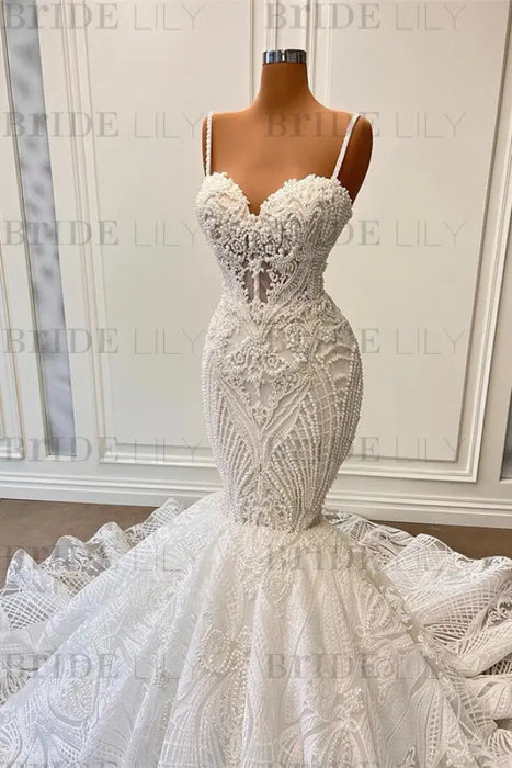 elegant mermaid wedding dress Spaghetti Straps Mermaid Wedding Dress with Ruffles-Bridelily