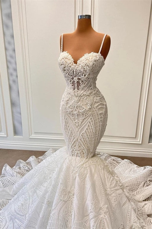 Charming Sleeveless Spaghetti Straps Mermaid Wedding Dress with Ruffles - wedding dress