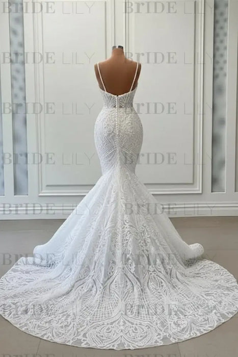 Mermaid Wedding Dress With Spaghetti Straps & Trumpet Backless Design - Floral Lace Bridal Gown Mermaid Wedding Dress With Spaghetti Straps & Trumpet Backless Design - Floral Lace Bridal Gown