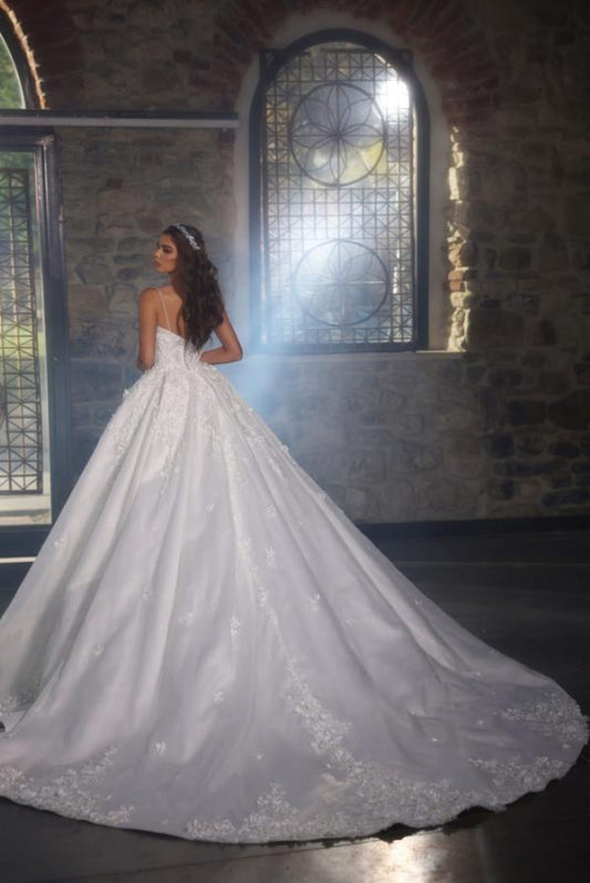Timeless Ball Gown Spaghetti Straps Satin Tulle Sequin Beads Long Wedding Dresses